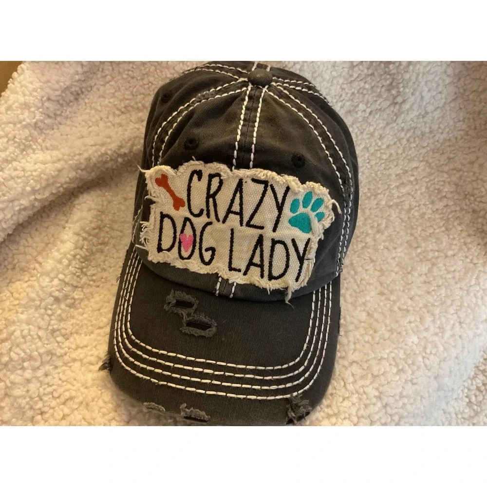 Lulu's Crazy Dog Lady Distressed Baseball Hat Gray Contrast Stitch Embroidered